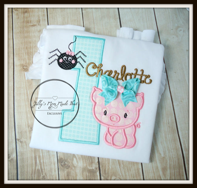 Pig & Spider Web Birthday Shirt with Aqua & Brown